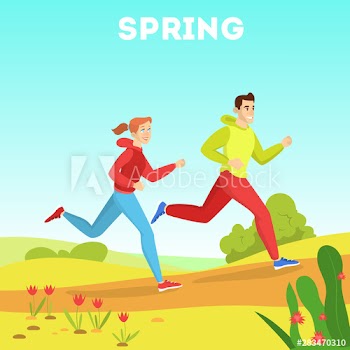 People running in park in spring