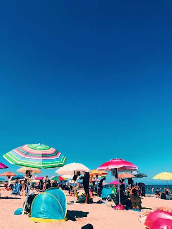 People Sitting and Standing Under Beach Parasols
