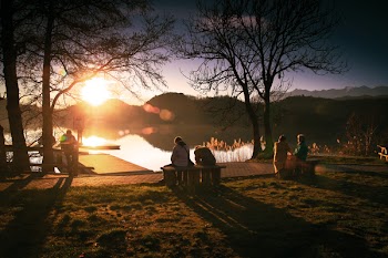 People Sitting on Bench Near Lake and Bare Trees Under Sky during Golden Hour