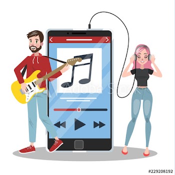People standing at big smartphone and listen to the music