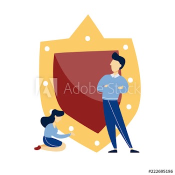 People standing at the big shield illustration