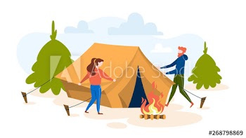 People standing at the camping tent