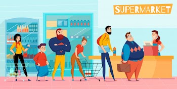 People standing in long supermarket queue lining up waiting checkout customer service horizontal flat composition  illustration Free Vector