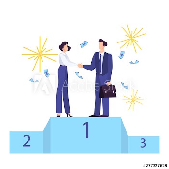 People standing on pedestal and celebrate success