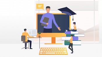 People using computers and studying at online school Free Vector