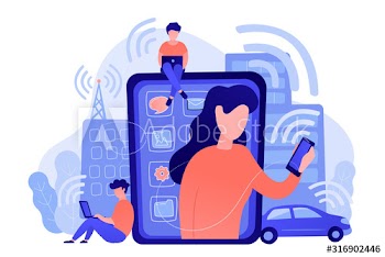 People using different electronic devices such as smartphone, laptop, tablet