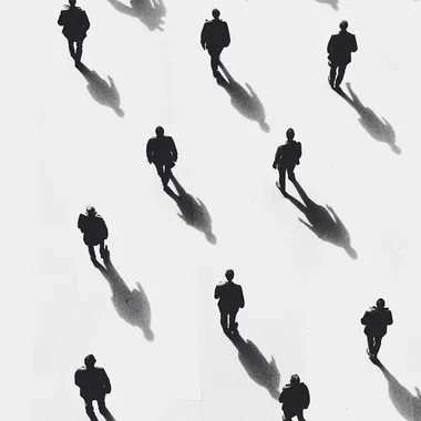 People Walking in Snowy Field - Minimalist Black Silhouettes, Top-Down View