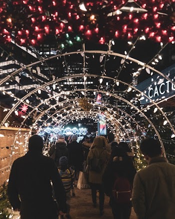 People Walking on Pathway With Lights