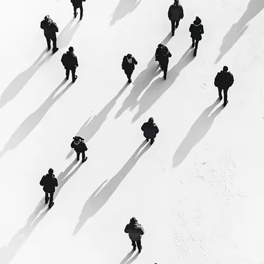 People Walking on Snowy Ground in Minimalist Silhouette Design