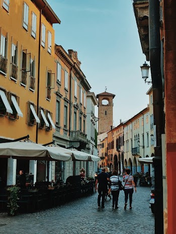 People Walking on Street Between Buildings