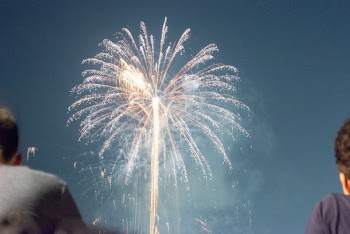 people watching fireworks display at nighttime