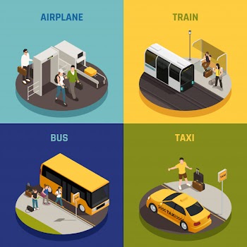 People with luggage during travel on airplane train bus and taxi isometric design concept isolated Free Vector