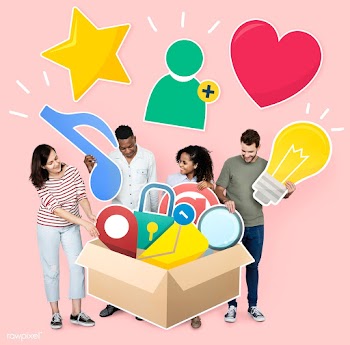 People with social media icons in the box | Free stock psd mockup - 458044