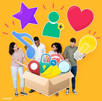People with social media icons in the box | Free stock psd mockup - 458052