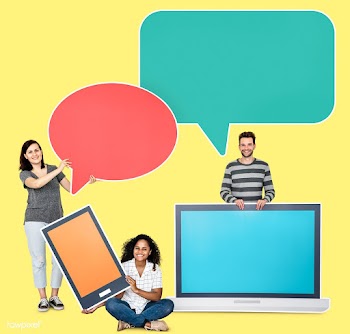 People with speech bubbles and digital device.. | Free stock psd mockup - 458061