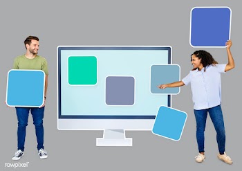 People with web template icons | Free stock psd mockup - 450449