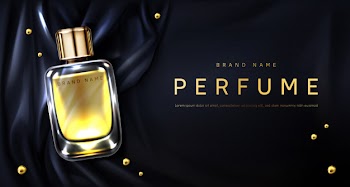Perfume bottle on black silk fabric Free Vector