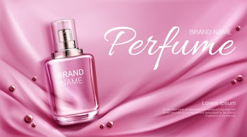 Perfume bottle on folded silk fabric with pearls. glass flask with pink fragrance packaging design. women scent cosmetic product, promo ad banner template Free Vector