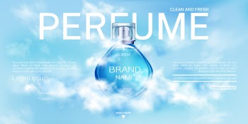 Perfume spray bottle in cloudy sky  banner. Free Vector