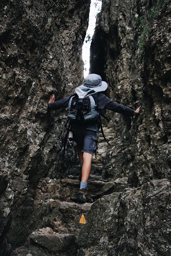 Person Carrying Back pack and Hat Walking on Pathway