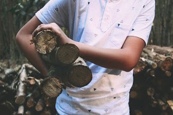 person carrying wood log