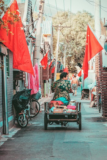 Person Cycling With Cart on Alley