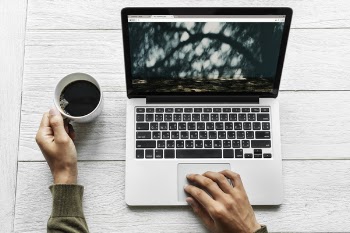 Person Holding Macbook Pro and White Mug