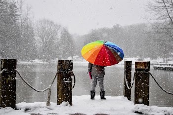 person holding multicolored umbrella standing on dock near lake