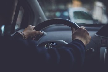 person holding steering wheel