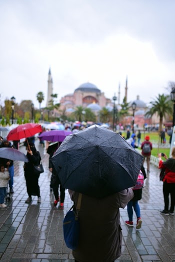 Person Holding Umbrella on Front of Temple