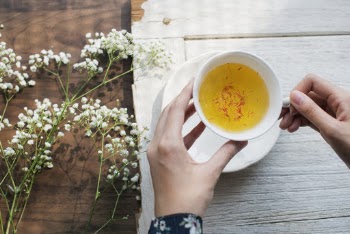 Person Holding White Teacup Beside White Flowers