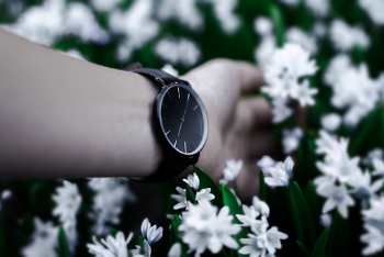 Person in Black Analog Watch Holding White Flowers