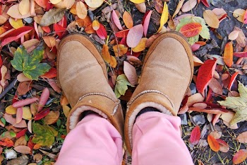 Person in Brown Sheepskin Boots and Pink Pants Standing on Leaf Covered Ground