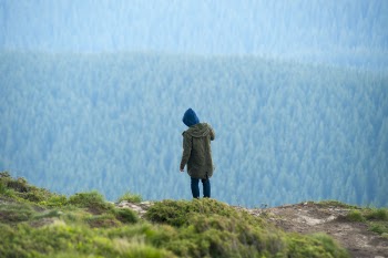 Person in Green Jacket Standing on Cliff