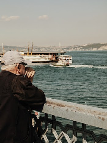 Person Leaning in a Blue Fence Looking at a Body of Water