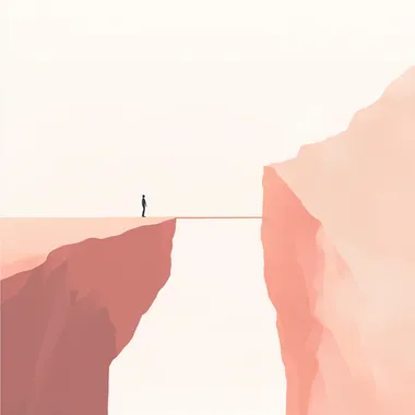 Person on a minimalist bridge between cliffs in a serene landscape Person on a minimalist bridge between cliffs in a serene landscape
