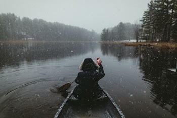 person on black boat while holding oar between trees