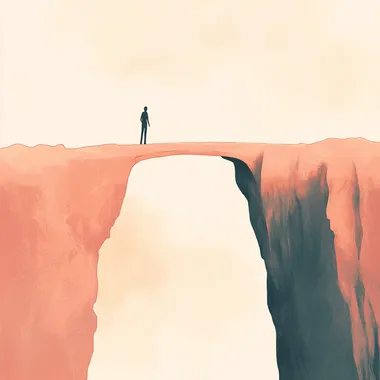 Person on cliff edge overlooking bridge to another cliff in serene setting