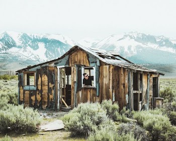 person peeking inside a shack's window during daytime