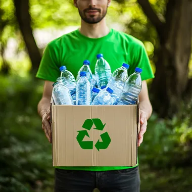 Person Promoting Recycling with Plastic Water Bottles in Nature Person Promoting Recycling with Plastic Water Bottles in Nature