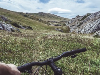 Person Riding Bicycle Overlooking Green Grass Field and Hill