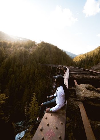 person sitting beside train rail and facing pine trees