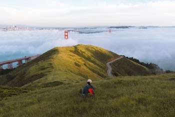 Person Sitting On Grass Hill Near The Golden Gate Bridge In San Francisco d
