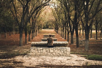 Person Sitting on Stone Bench