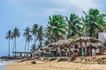 person sitting under brown huts near seashore at daytime