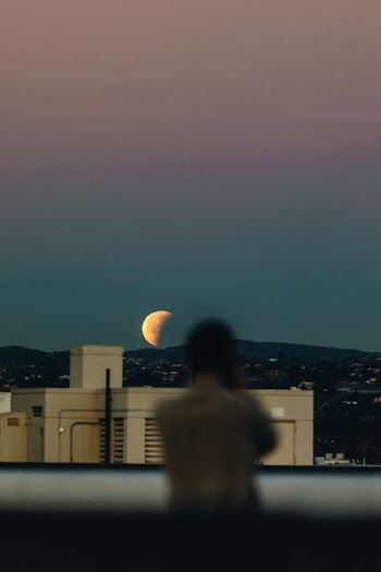 person standing during nighttime with crescent moon