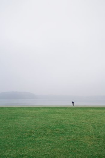person standing near open field