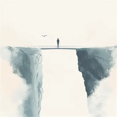 Person standing on a bridge over cliffs in serene minimalist landscape Person standing on a bridge over cliffs in serene minimalist landscape