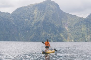 Person Standing on Boat Holding Oar Facing the Island during Day