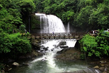 Person Standing on Bridge Near Waterfalls